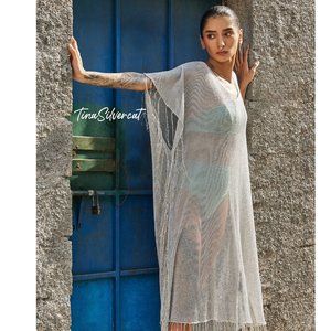 BLOGGER'S FAVE! Zara Fringed Metallic Thread Kaftan Dress Silver NWT